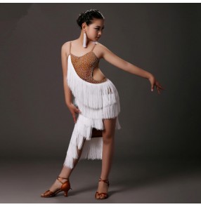 White flesh colored patchwork backless sleeveless  fringes rhinestones girls kids children professional competition performance latin dance dresses outfits